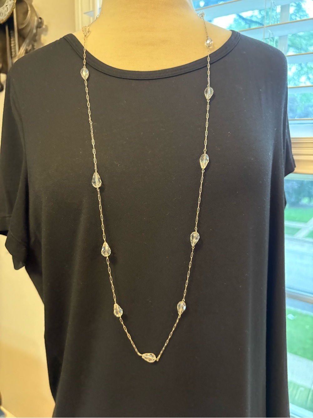 Delicate Silver and Crystal Teardrop Long Necklace
